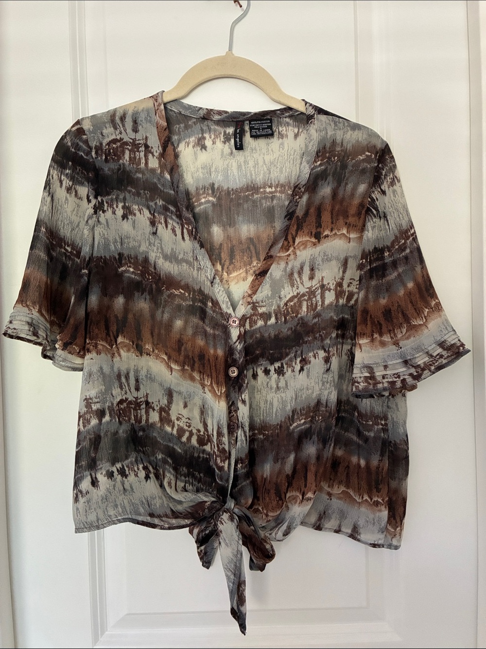 Fire Los Angeles Tie-Front V-Neck Blouse in Brown & Gray